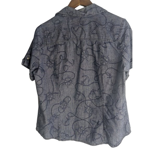 Karen Scott Short Sleeve Nautical Beach Print Denim Shirt Buttoned Down Sz L - Picture 5 of 8